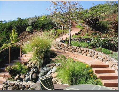 Concrete steps and stone retaining walls