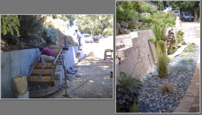During construction of steps behind the retaining wall.