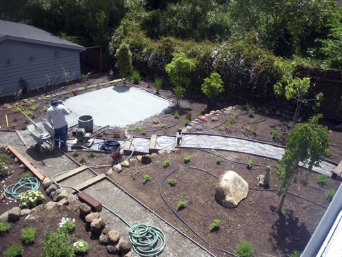 During construction: looking down on garden from deck